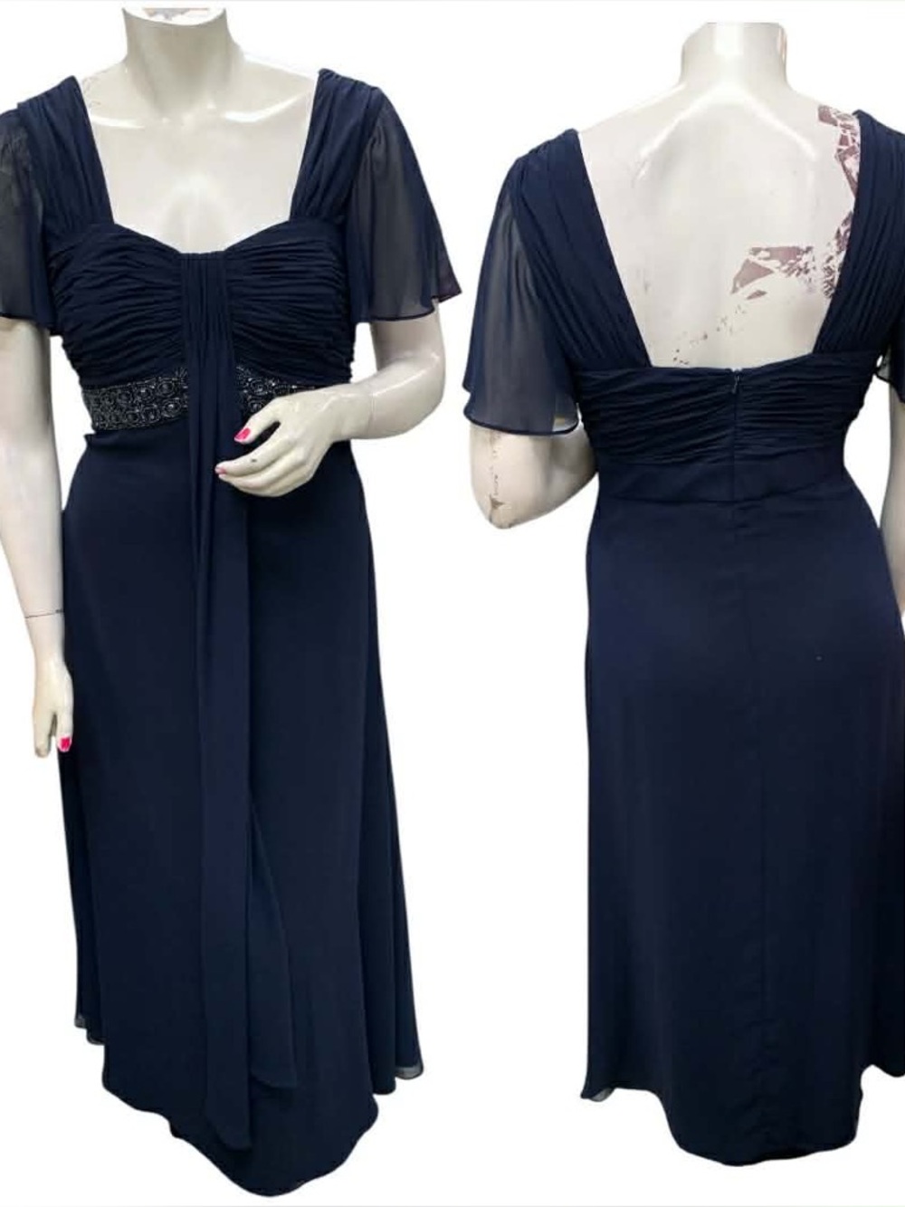 David's Bridal Navy Blue Midi Dress with Sheer Short Sleeves Size XL
